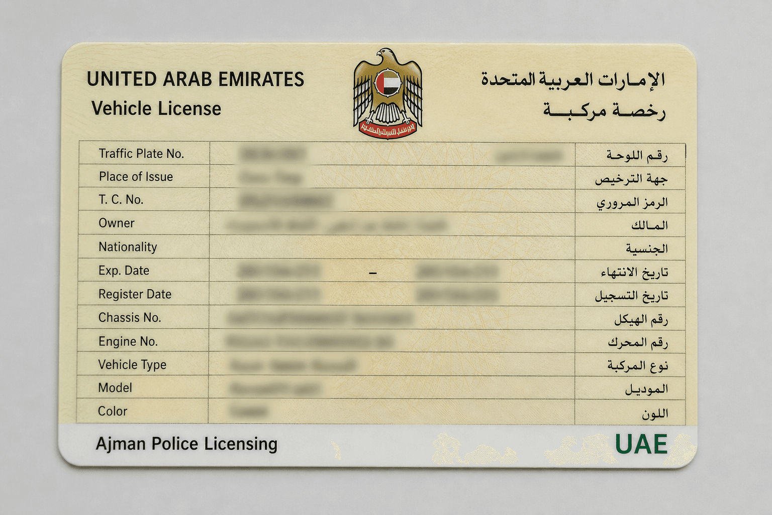 Sample Ajman yellow Mulkiya vehicle license with personal details blurred