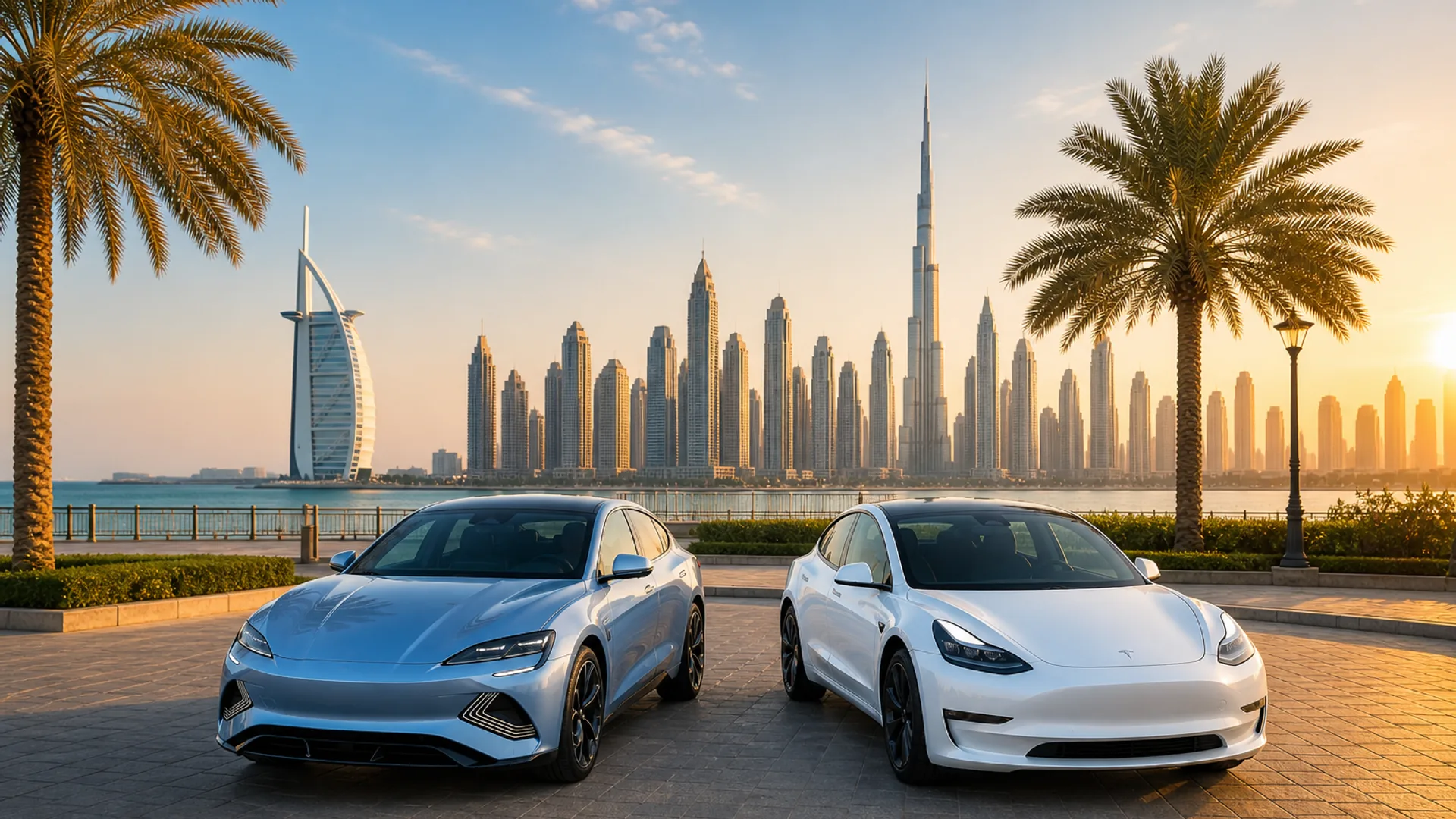 Tesla and electric vehicles in Dubai with Burj Khalifa skyline — EV insurance guide